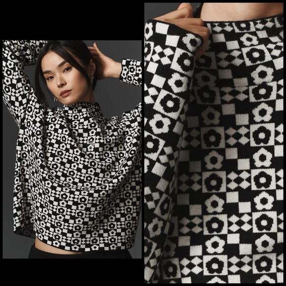 Anthropologie Carys Medium Mock-Neck Sweater Maeve Black White Geometric Floral - Picture 1 of 6